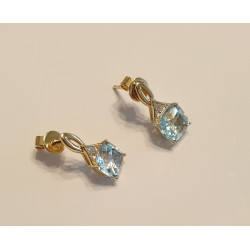 14K 585 Yellow Gold Natural Diamond Sky Blue Topaz Earrings