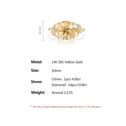 Fine Jewelry 14K 585 Yellow Gold Citrine  Diamond Ring