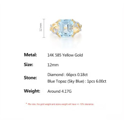 14K 585 Yellow Gold Sparkling Sky Blue Topaz Diamond Ring Fine Jewelry