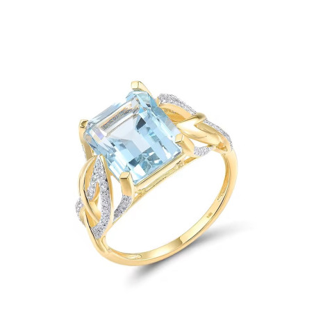 14K 585 Yellow Gold Sparkling Sky Blue Topaz Diamond Ring Fine Jewelry