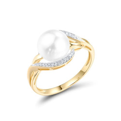 Sparkling Diamonds Fresh Water Pearl 14K 585 Yellow Gold Ring