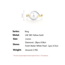 Sparkling Diamonds Fresh Water Pearl 14K 585 Yellow Gold Ring