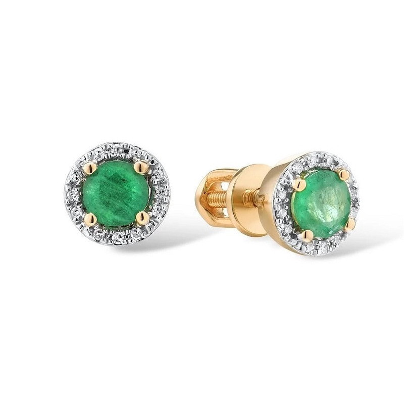 Genuine 14K 585 Yellow Gold Round Emerald Screw back Earrings