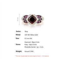 Родолит,бадмаараг,анар, тансаг алмазан 14К 585 шар алтан бөгж