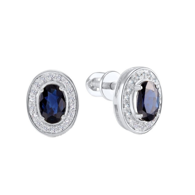 14K white gold Natural Blue Sapphire Diamond  Earrings