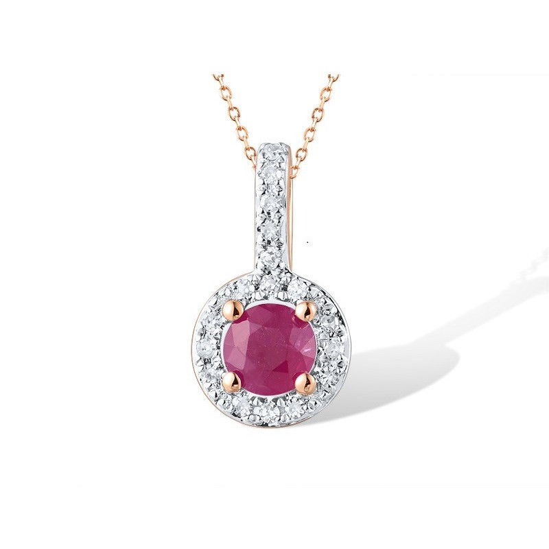 Genuine 14K 585 Yellow Gold Round Ruby Diamond Pendant