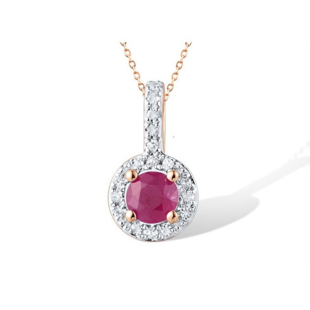 Genuine 14K 585 Yellow Gold Round Ruby Diamond Pendant