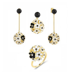 925 Sterling Silver White Black Hollow Cluster Flower Enamel Jewelry set