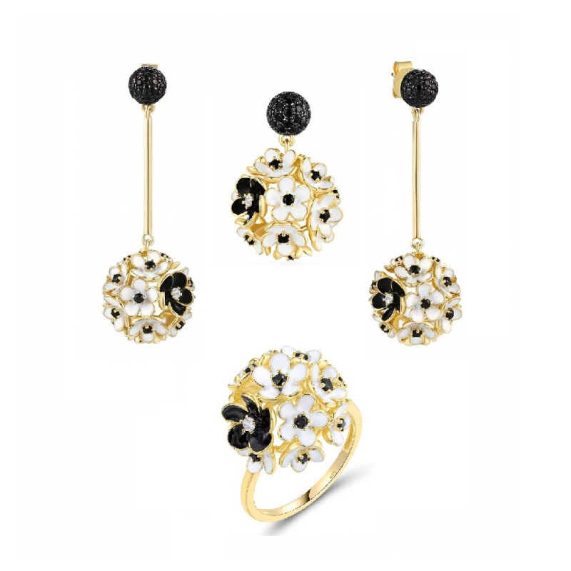 925 Sterling Silver White Black Hollow Cluster Flower Enamel Jewelry set