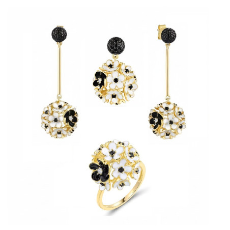 925 Sterling Silver White Black Hollow Cluster Flower Enamel Jewelry set