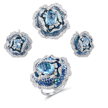 Blue Blooming Flower Earrings Ring Pendant Fine Jewelry
