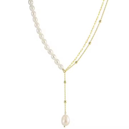 Gold Plated Natural Pearl Chain Necklace Sterling Silver