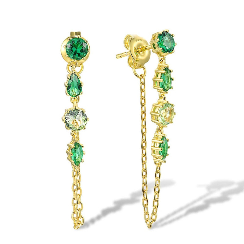 Ногоон зиркон алтаар бүрсэн гинжтэй ээмэг мөнгөн ээмэг