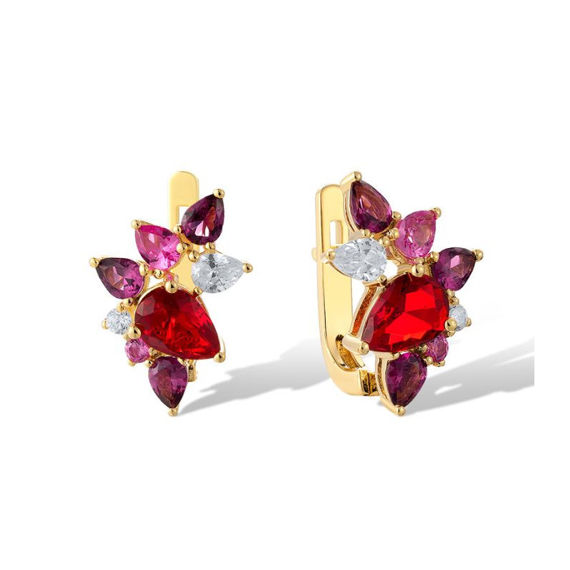 Pink Sapphire,Red ,Purple Spinel,White Cubic Zirconia Gold plated Sterling Silver Earrings