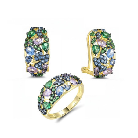 14K Yellow Gold plated Blue, purple,green spinel jewelry Set