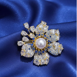 Blue crystal Fresh water Pearl brooch,Pendant 18K gold plated