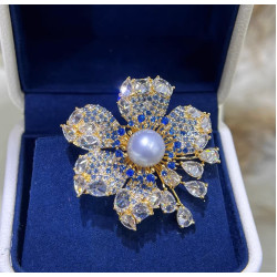 Blue crystal Fresh water Pearl brooch,Pendant 18K gold plated