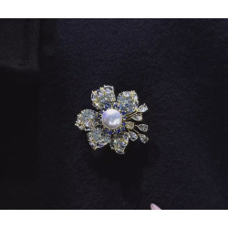 Blue crystal Fresh water Pearl brooch,Pendant 18K gold plated