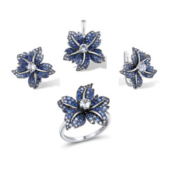 Blue Lily flower Genuine 925 Sterling Silver set