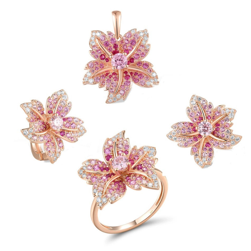 Pink Lily flower Genuine 925 Sterling Silver set