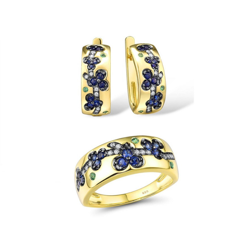 Blue Spinel Gold plated Sterling Silver Ring Earring Set