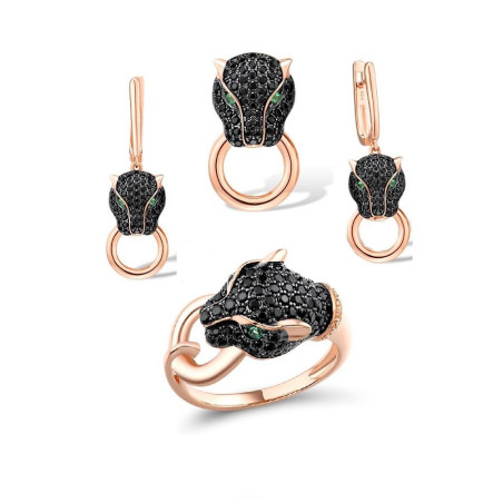 Black Green Spinel Panther  Genuine 925 Sterling Silver set
