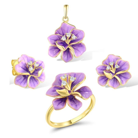 Purple Enemal Flower S925 Sterling Silver Set