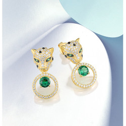 Gold Green Leopard  Earrings 925 Sterling Silver