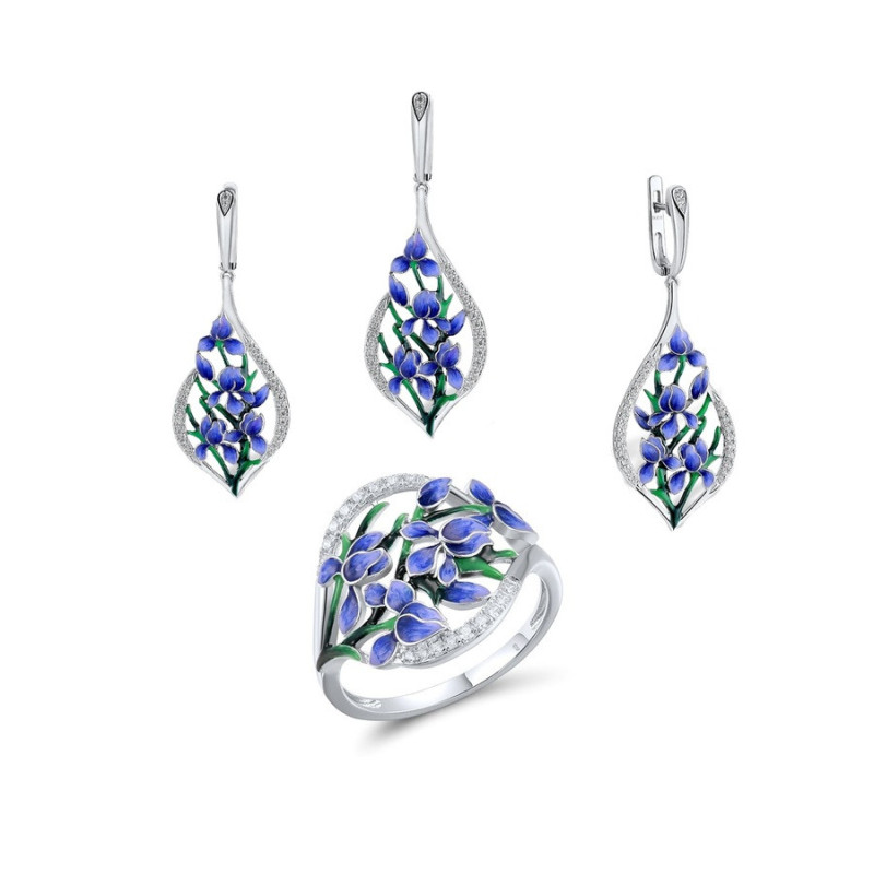 Blue Orchid flower  925 Sterling Silver Jewelry Set
