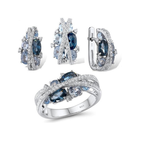 Sparkling Blue Spinel Earrings Ring Pendant Set S925 Solid silver
